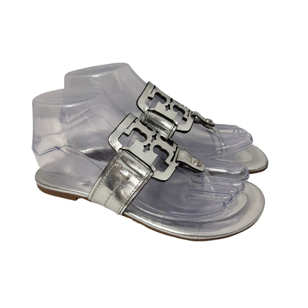 Tory Burch Miller Sandals Womens Size 6.5 Silver Metallic Leather Flat